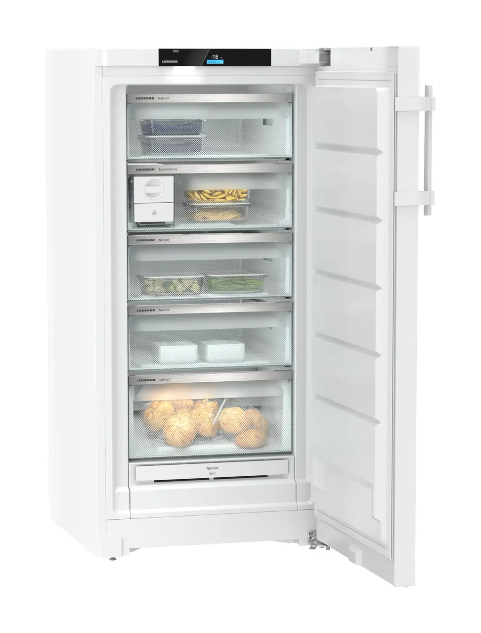 Produkt-Bild, Perspektive: schräg offen dekoriert, Standgefrierschrank mit NoFrost und EasyTwist-Ice, Gehäusefarbe: Weiß, Türfarbe: Weiß