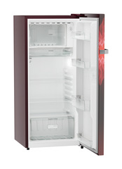 Product image, Perspective: oblique open empty, Single-door refrigerator 202 l in 5 star with inverter compressor, Casing colour: red, Door colour: Red Mystiq