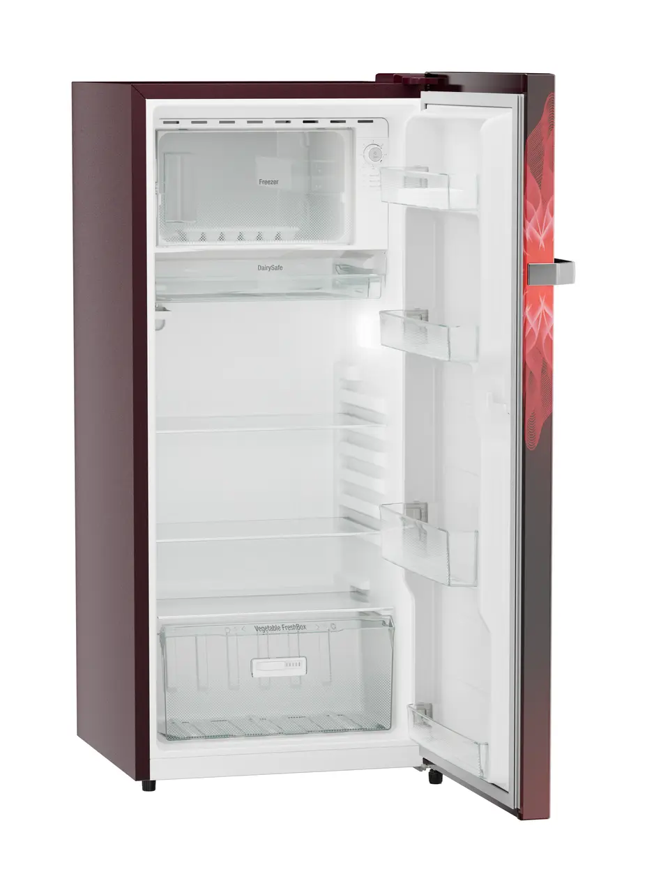 Product image, Perspective: oblique open empty, Single-door refrigerator 202 l in 5 star with inverter compressor, Casing colour: red, Door colour: Red Mystiq