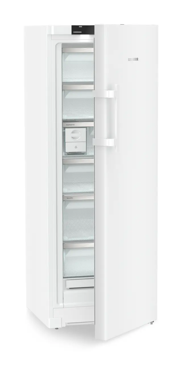 Produkt-Bild, Perspektive: schräg halb offen leer, Standgefrierschrank mit NoFrost und EasyTwist-Ice, Gehäusefarbe: Weiß, Türfarbe: Weiß