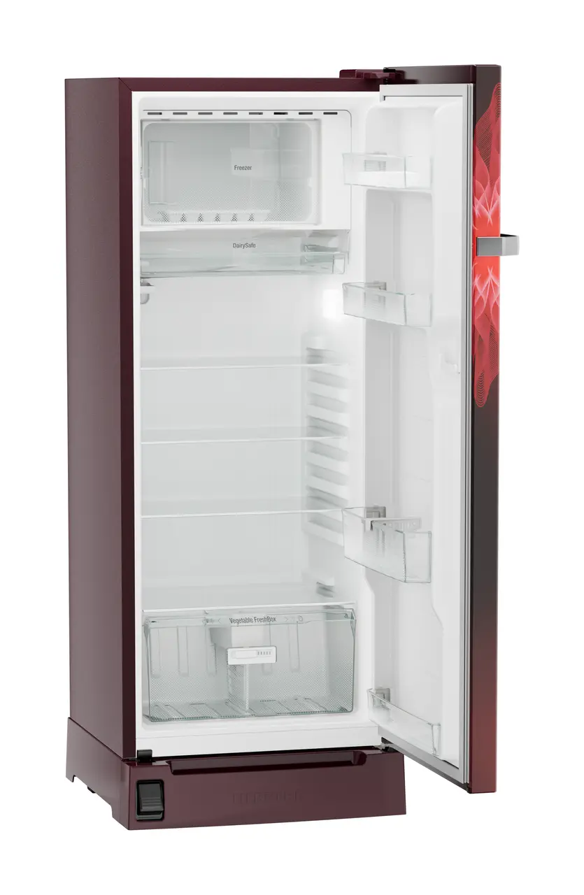 Product image, Perspective: oblique open empty, Single-door refrigerator 222 l with foot pedal base drawer and iCoolTouch UI, Casing colour: red, Door colour: Red Mystiq