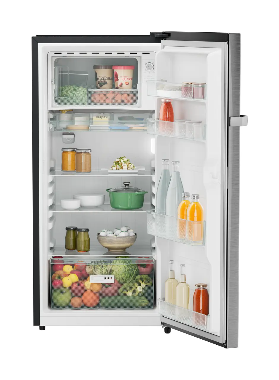 Product image, Perspective: straight open decorated, Single-door fridge, 191 l in 2 star and horizontal handle, Casing colour: grey, Door colour: Silver Steel