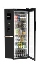 Produkt-Bild, Perspektive: schräg offen dekoriert, Kühlgerät mit Umluftkühlung, Gehäusefarbe: Schwarz, Türfarbe: Schwarz