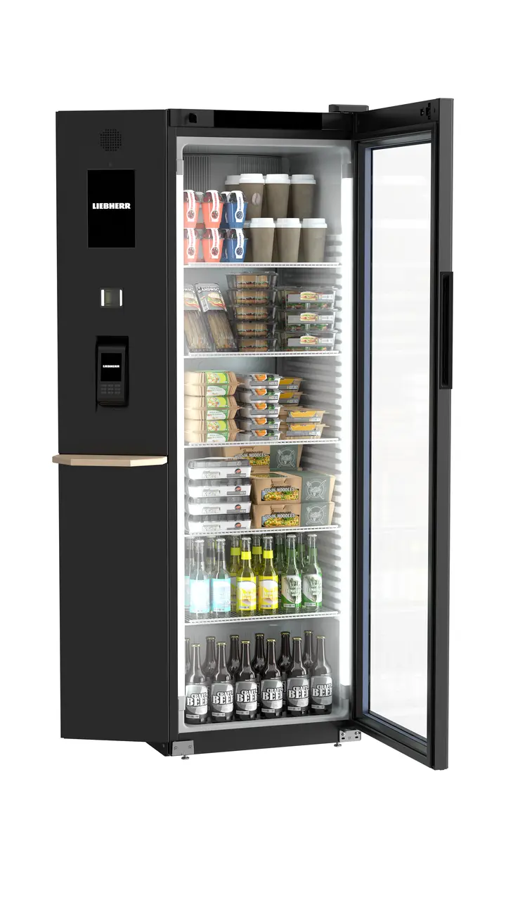 Produkt-Bild, Perspektive: schräg offen dekoriert, Kühlgerät mit Umluftkühlung, Gehäusefarbe: Schwarz, Türfarbe: Schwarz