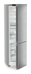 Product image, Perspective: oblique half-open empty, Combined fridge-freezers with EasyFresh and NoFrost, Casing colour: silver, Door colour: stainless steel