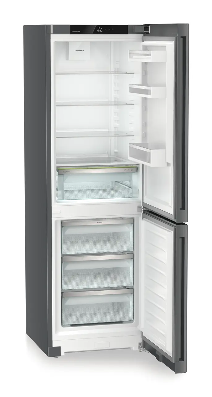 Product image, Perspective: oblique open empty, Combined fridge-freezers with EasyFresh and NoFrost, Casing colour: DarkGrey, Door colour: DarkGrey