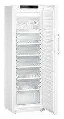 Produkt-Bild, Perspektive: schräg offen leer, Laborgefriergerät mit Umluftkühlung, Gehäusefarbe: Weiß, Türfarbe: Weiß