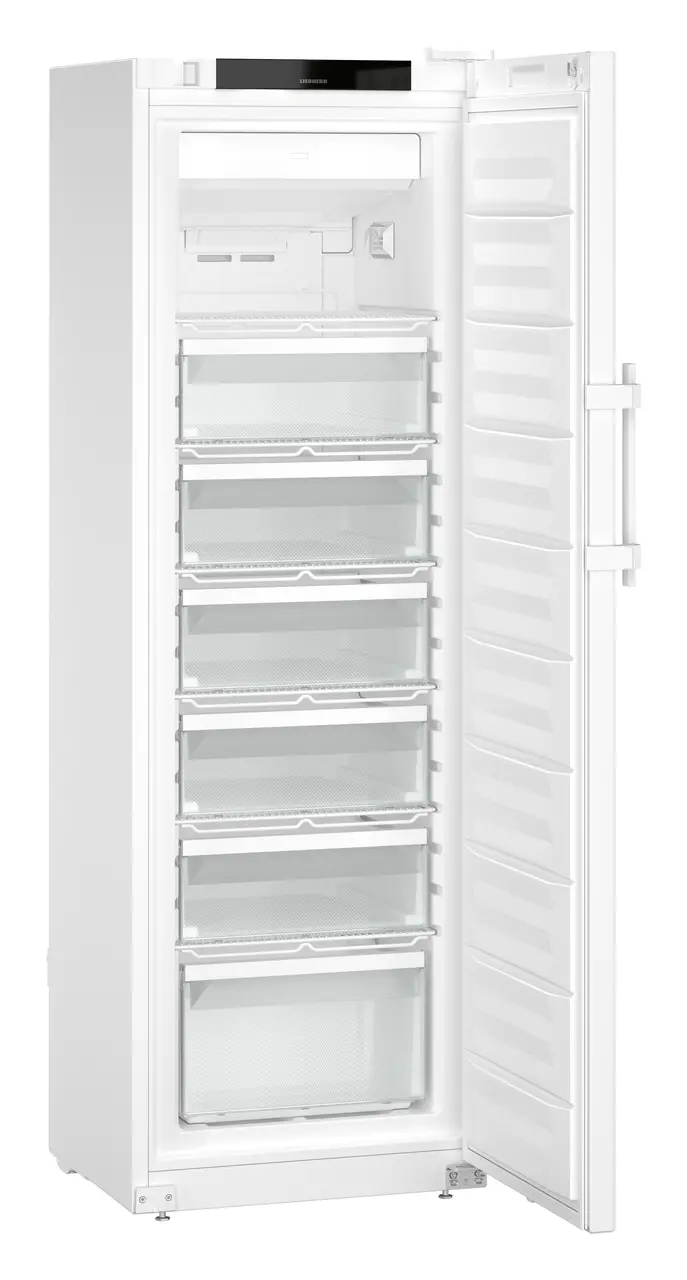 Produkt-Bild, Perspektive: schräg offen leer, Laborgefriergerät mit Umluftkühlung, Gehäusefarbe: Weiß, Türfarbe: Weiß