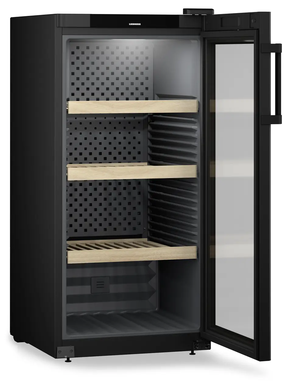 Product image, Perspective: oblique open empty, Wine storage cabinet, Casing colour: black, Door colour: black