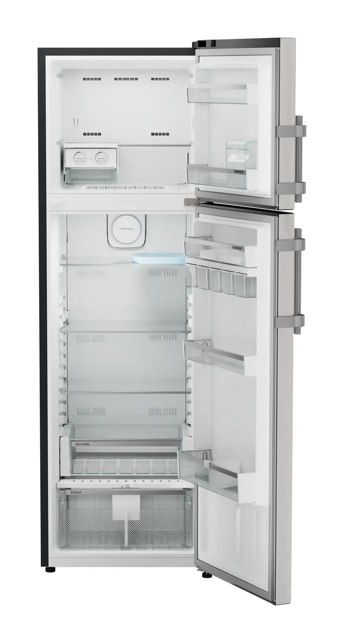 Product image, Perspective: straight open empty, Fridge-freezer with NoFrost, Casing colour: grey, Door colour: Stainless Steel