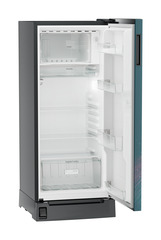 Product image, Perspective: oblique open empty, Single-door refrigerator 202 l in 5 star with inverter compressor, Casing colour: grey, Door colour: Teal Strings