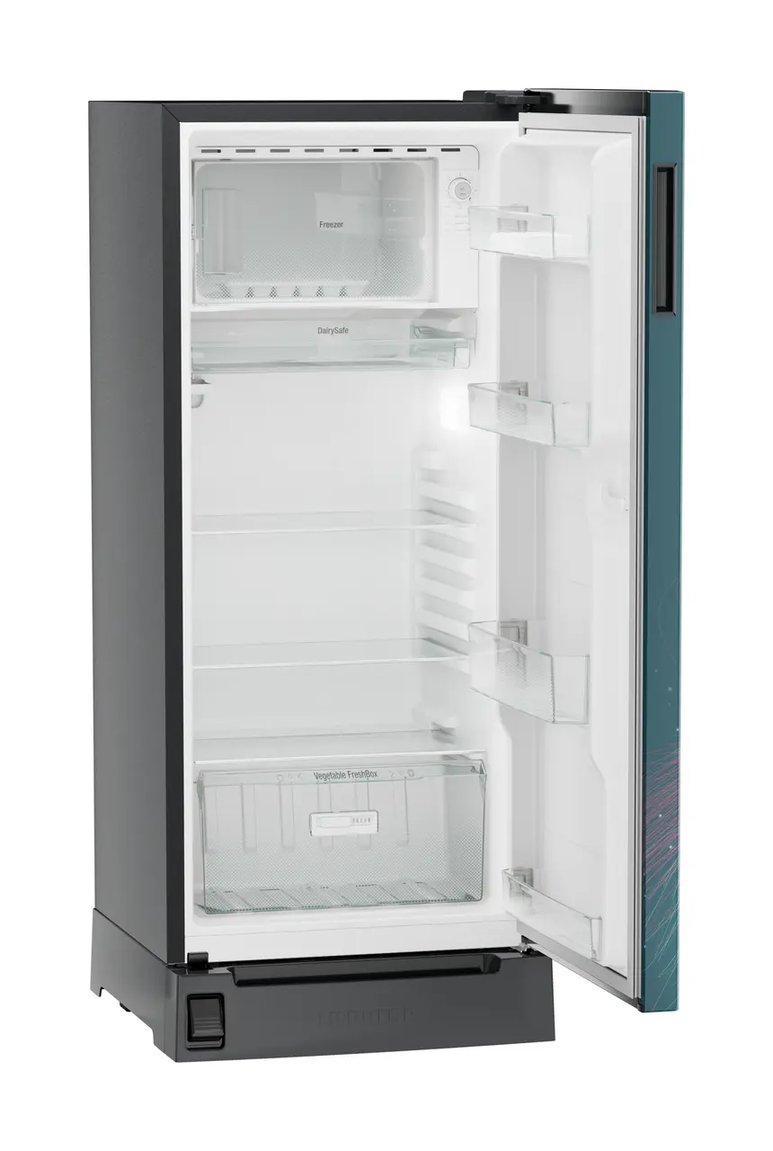 Product image, Perspective: oblique open empty, Single-door refrigerator 202 l in 5 star with inverter compressor, Casing colour: grey, Door colour: Teal Strings
