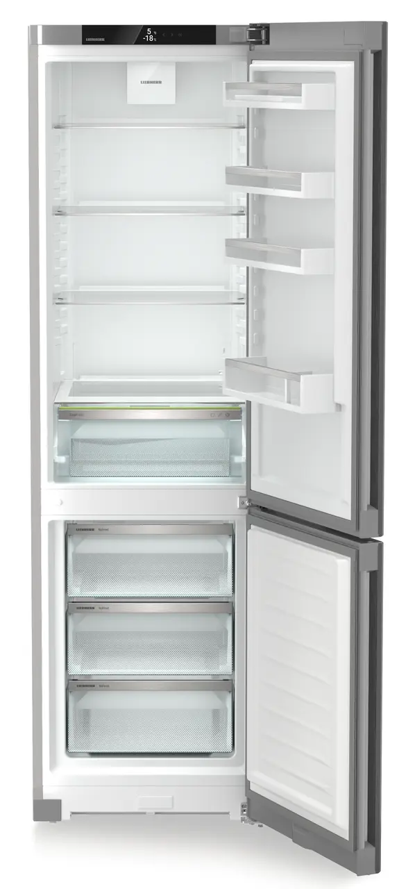 Product image, Perspective: straight open empty, Combined fridge-freezers with EasyFresh and NoFrost, Casing colour: silver, Door colour: Steelfinish