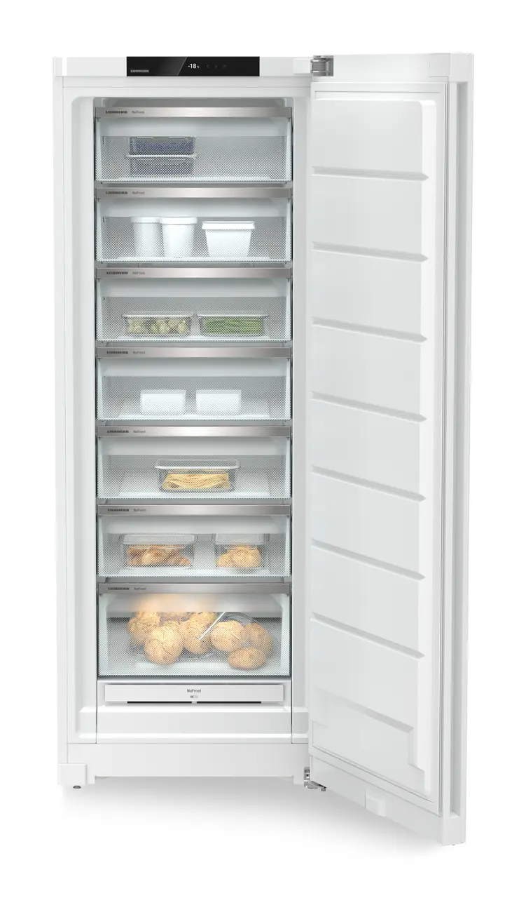 Obrázok produktu, Perspektíva: Spredu, spotrebič otvorený, dekorovaný, Voľne stojaca mraznička s NoFrost, Farba steny: Biely, Farba dverí: Biely