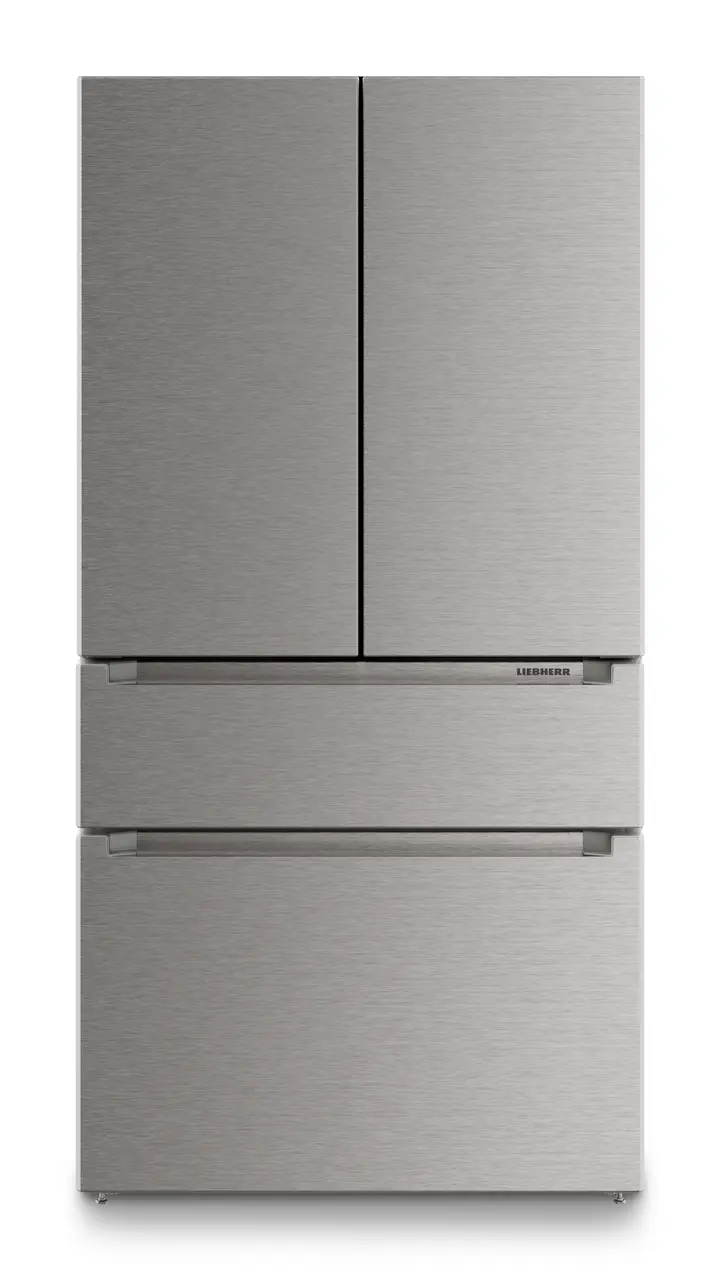 Product image, Perspective: straight closed, French Door fridge-freezer with 2 freezer drawers with IceMaker, Casing colour: silver, Door colour: stainless steel