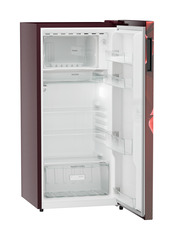 Product image, Perspective: oblique open empty, Single-door refrigerator 191 l in 3 star with VegFresh box, Casing colour: red, Door colour: Red Divine