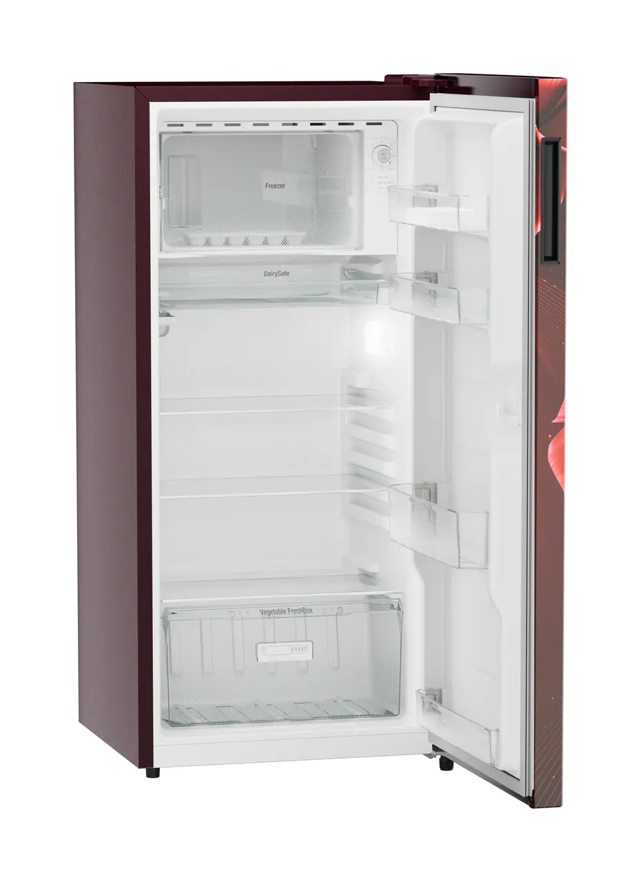Product image, Perspective: oblique open empty, Single-door refrigerator 191 l in 3 star with VegFresh box, Casing colour: red, Door colour: Red Divine