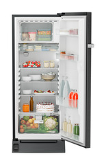 Product image, Perspective: straight open decorated, Single-door refrigerator 222 l with foot pedal base drawer and iCoolTouch UI, Casing colour: grey, Door colour: BlackSteel