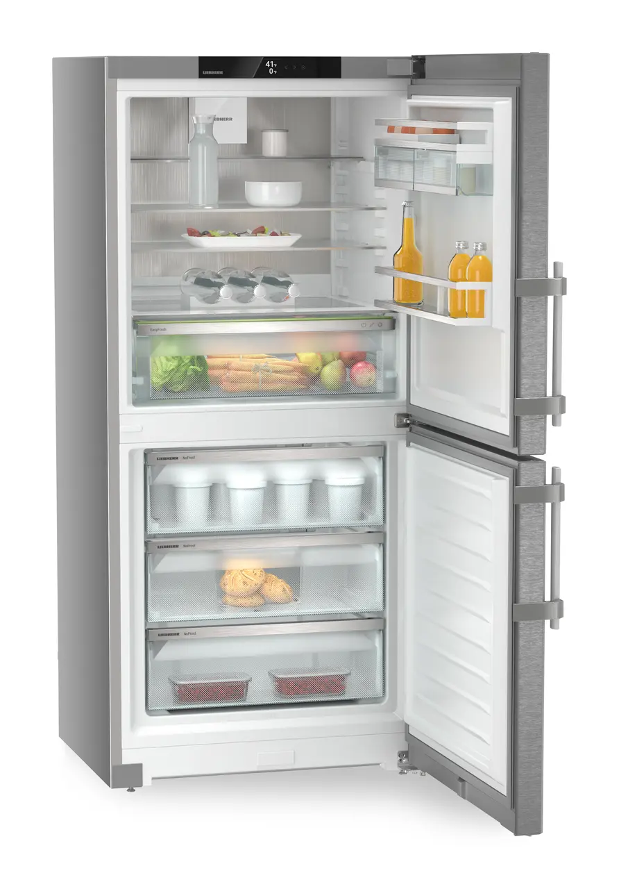 Product image, Perspective: oblique open decorated, Combined fridge-freezers with EasyFresh and NoFrost, Casing colour: silver, Door colour: stainless steel