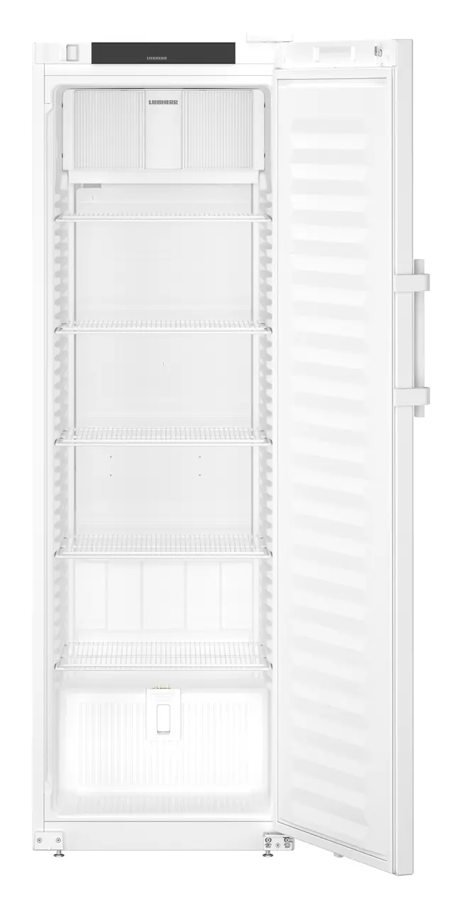 Produkt-Bild, Perspektive: gerade offen leer, Laborkühlgerät mit Umluftkühlung, Gehäusefarbe: Weiß, Türfarbe: Weiß