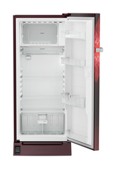 Product image, Perspective: straight open empty, Single-door refrigerator 202 l with foot pedal base drawer and iCoolTouch UI, Casing colour: red, Door colour: Red Mystiq