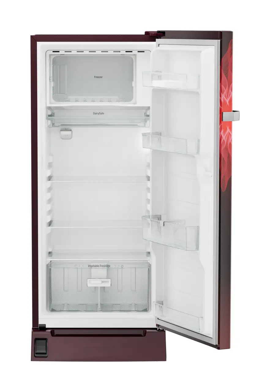 Product image, Perspective: straight open empty, Single-door refrigerator 202 l with foot pedal base drawer and iCoolTouch UI, Casing colour: red, Door colour: Red Mystiq