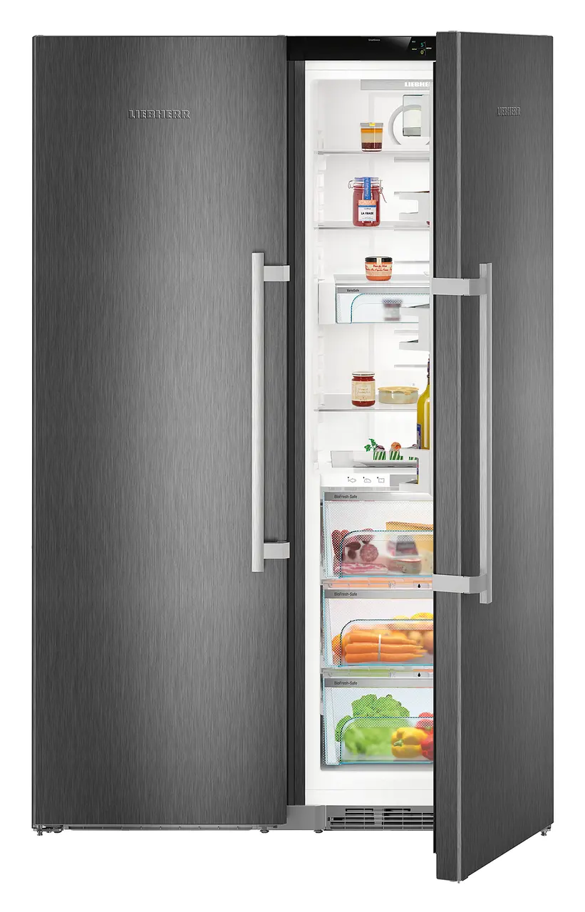 Product image, Perspective: straight half-open decorated, Side-by-Side combination, Casing colour: BlackSteel, Door colour: BlackSteel