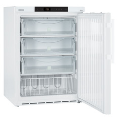Product image, Perspective: oblique open empty, Lab freezer with Comfort electronic controller, Casing colour: white