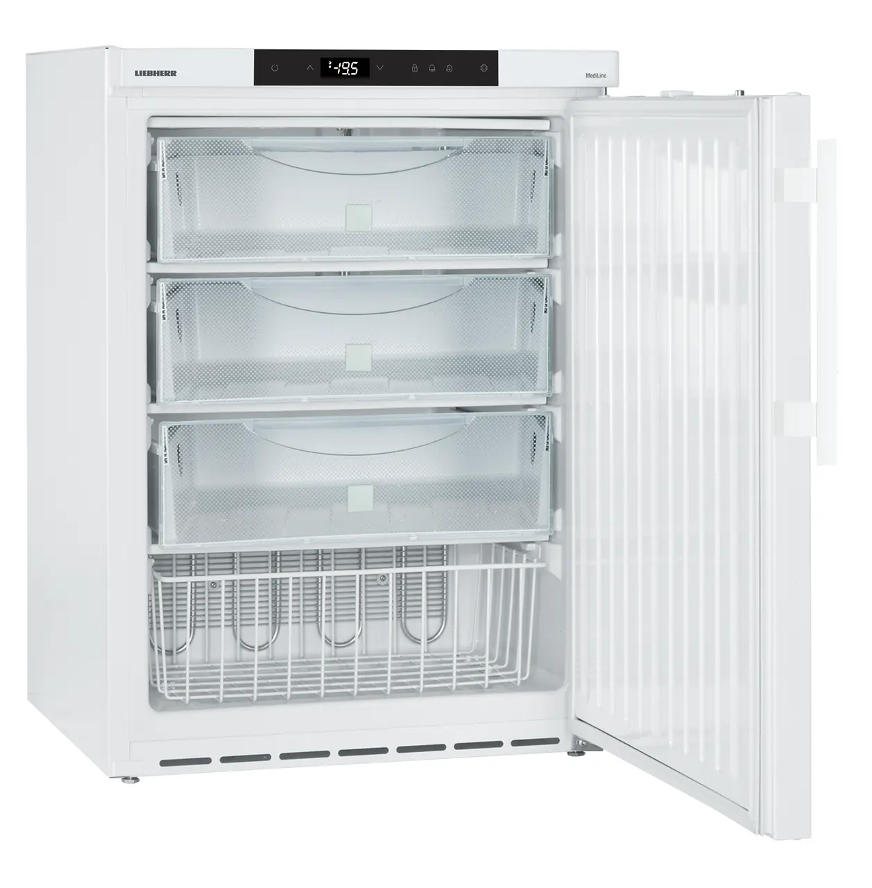 Product image, Perspective: oblique open empty, Lab freezer with Comfort electronic controller, Casing colour: white