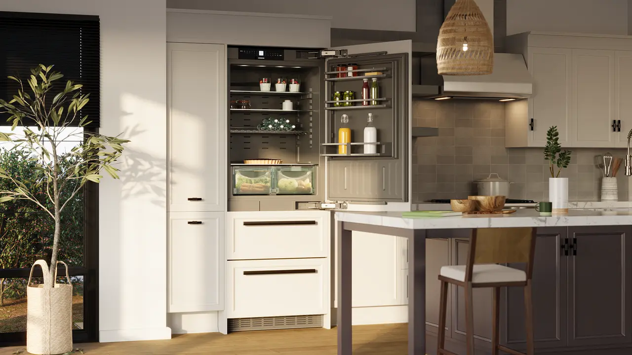 Product image, Perspective: milieu, Combined refrigerator-freezer with NoFrost for integrated use, Casing colour: Anthracite