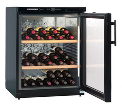 Product image, Perspective: oblique open decorated, Wine storage cabinet, Casing colour: black, Door colour: black