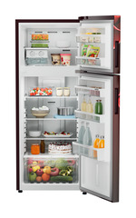 Product image, Perspective: straight open decorated, Fridge-freezer with NoFrost, Casing colour: red, Door colour: Red Divine