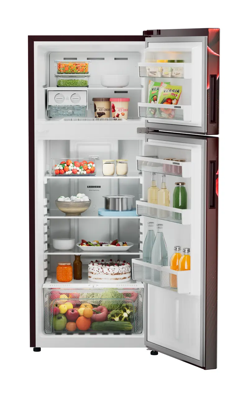 Product image, Perspective: straight open decorated, Fridge-freezer with NoFrost, Casing colour: red, Door colour: Red Divine