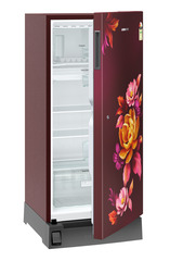 Product image, Perspective: oblique half-open empty, Single-door fridge, 191 l in 2 star with foot pedal base drawer, Casing colour: red, Door colour: Red Wonder