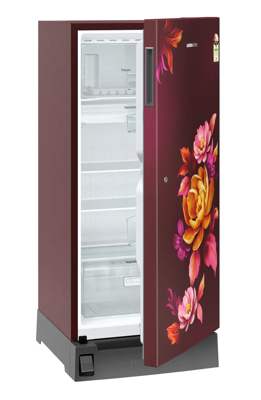 Product image, Perspective: oblique half-open empty, Single-door fridge, 191 l in 2 star with foot pedal base drawer, Casing colour: red, Door colour: Red Wonder