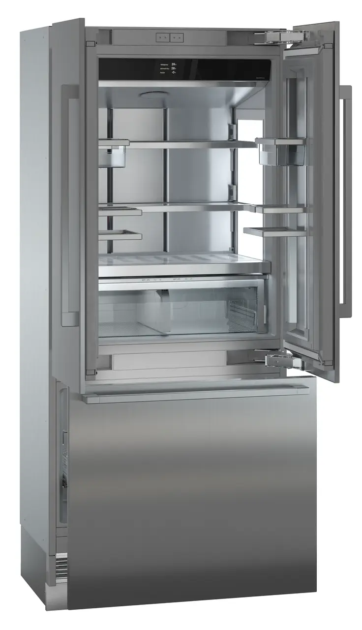 Product image, Perspective: oblique open empty, Combined refrigerator-freezer with BioFresh and NoFrost for integrated use