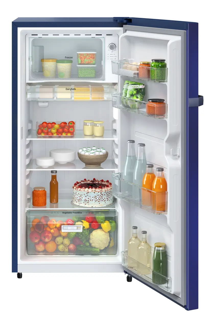 Product image, Perspective: straight open decorated, Single-door refrigerator 191 l in 2 Star and with horizontal handle, Casing colour: blue, Door colour: Blue Hibiskus