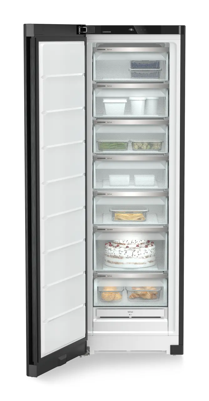 Изображение продукции, Перспектива: Прямо, с открытой дверцей, с продуктами, Морозильная камера с системой NoFrost, Цвет корпуса: черный