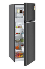 Product image, Perspective: oblique half-open decorated, Fridge-freezer with NoFrost, Casing colour: grey, Door colour: BlackSteel