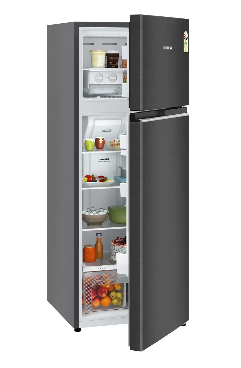 Product image, Perspective: oblique half-open decorated, Fridge-freezer with NoFrost, Casing colour: grey, Door colour: BlackSteel