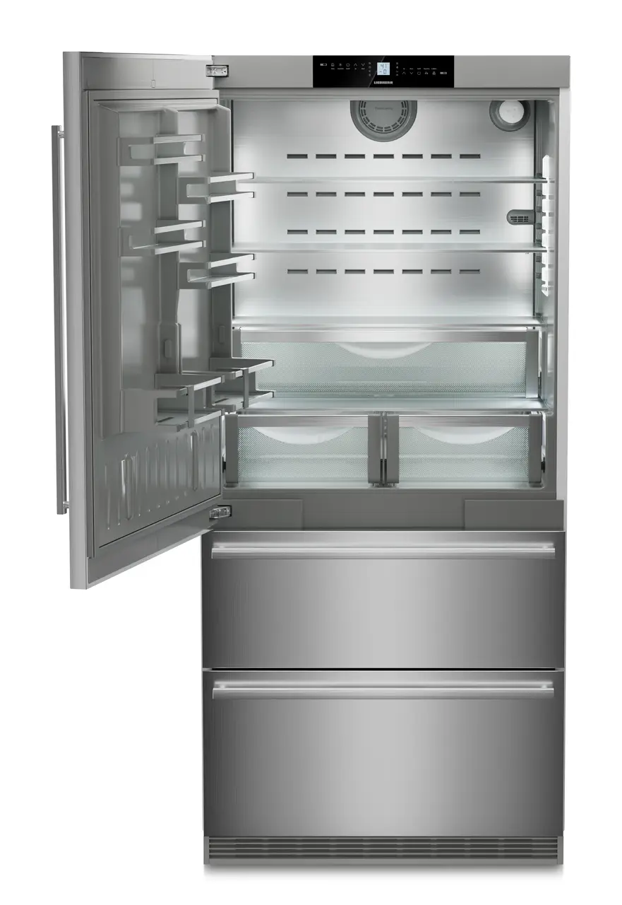 Product image, Perspective: straight open empty, Fridge-freezer with NoFrost, Casing colour: stainless steel, Door colour: stainless steel