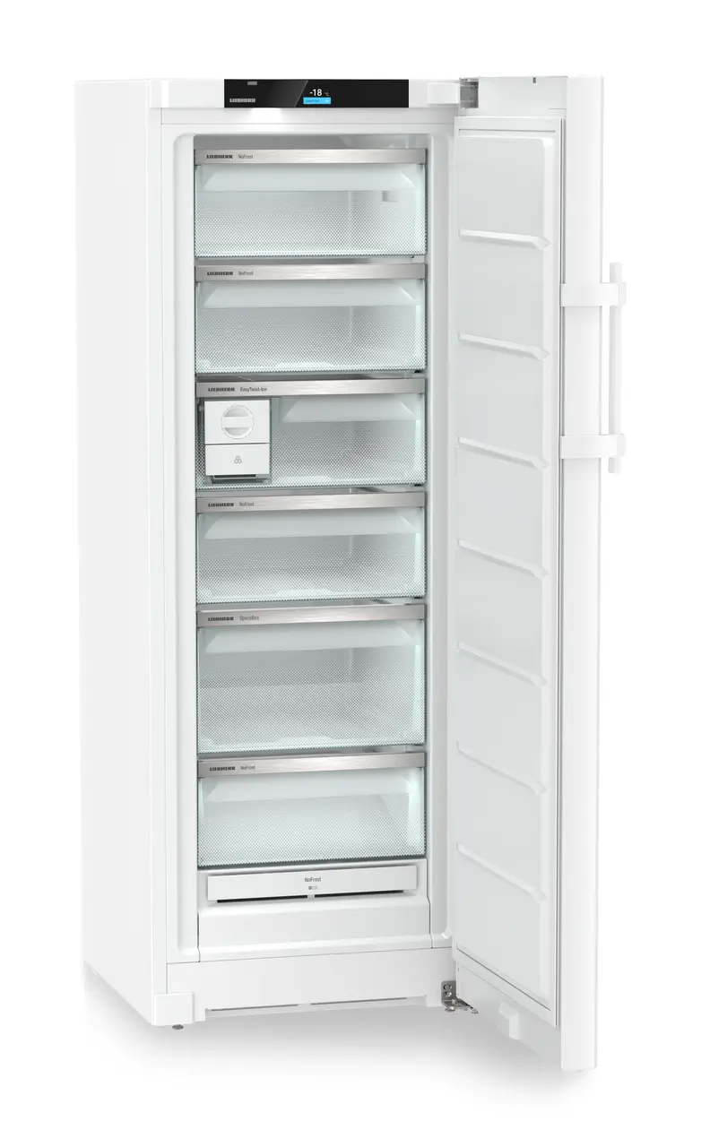Produkt-Bild, Perspektive: schräg offen leer, Standgefrierschrank mit NoFrost, Gehäusefarbe: Weiß, Türfarbe: Weiß
