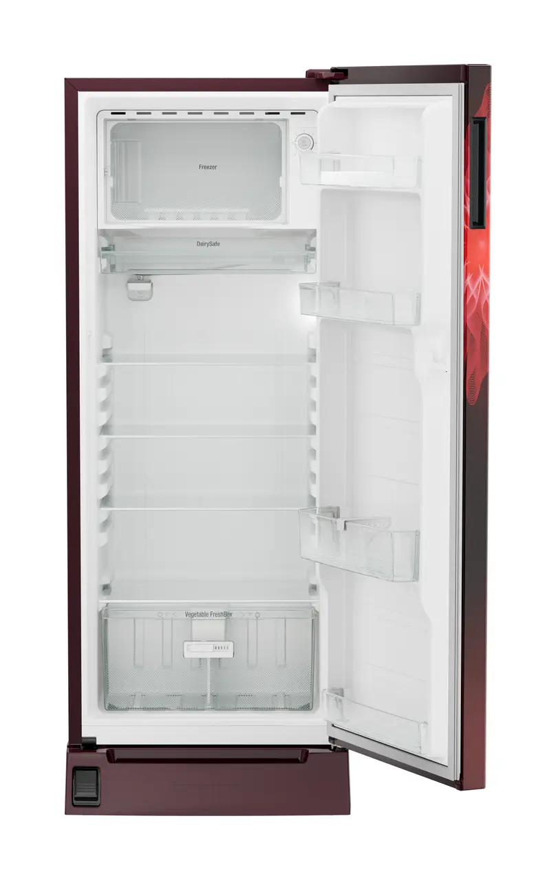 Product image, Perspective: straight open empty, Single-door refrigerator 222 l in 3 star with foot pedal base drawer, Casing colour: red, Door colour: Red Mystiq