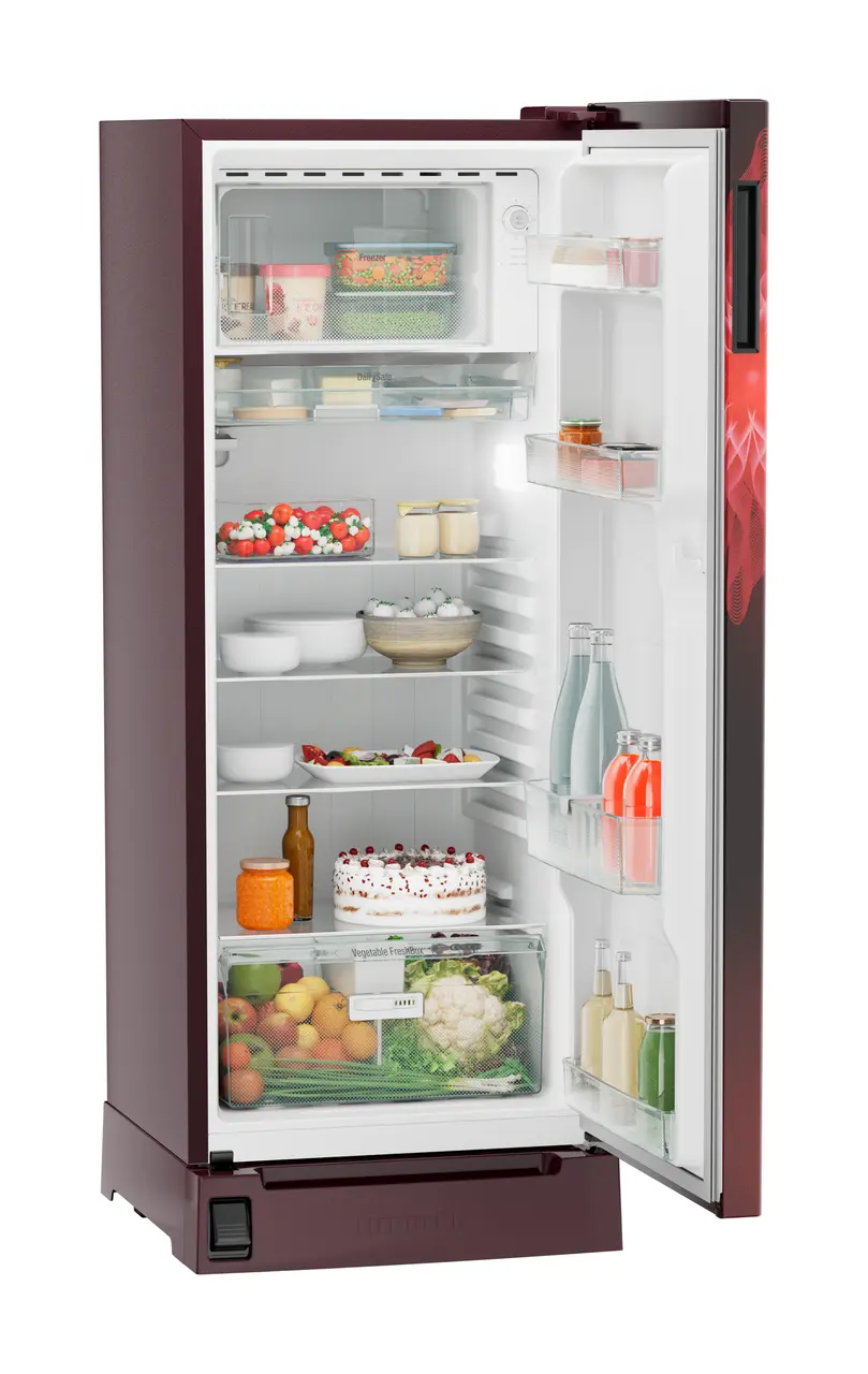 Product image, Perspective: oblique open decorated, Single-door refrigerator 222 l in 3 star with foot pedal base drawer, Casing colour: red, Door colour: Red Mystiq