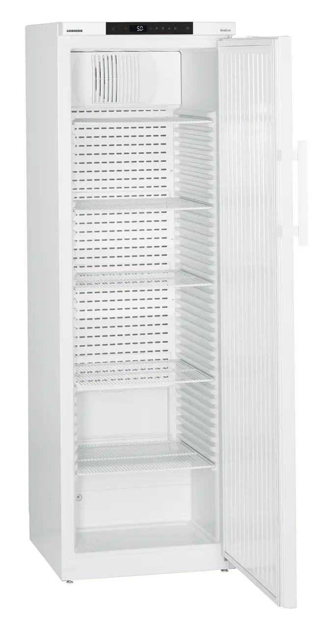 Product image, Perspective: oblique open empty, Pharmacy refrigerator with Comfort controller, Casing colour: white