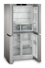 Produkt-Bild, Perspektive: schräg offen leer, 4-türige French-Door-Kühl-Gefrierkombination mit EasyTwist-Ice, Gehäusefarbe: Silver, Türfarbe: Edelstahl