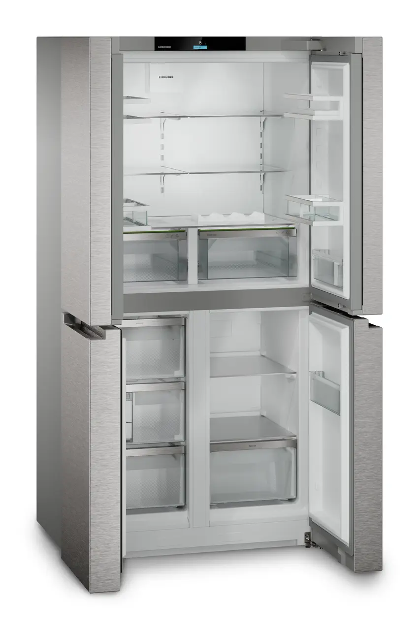 Produkt-Bild, Perspektive: schräg offen leer, 4-türige French-Door-Kühl-Gefrierkombination mit EasyTwist-Ice, Gehäusefarbe: Silver, Türfarbe: Edelstahl