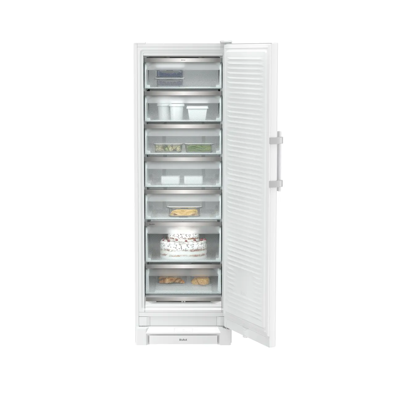 Product image, Perspective: straight open decorated, Freestanding freezer with BluRoX technology and NoFrost, Casing colour: white, Door colour: white