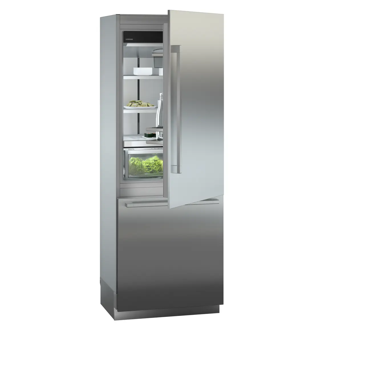 Product image, Perspective: oblique half-open decorated, Combined refrigerator-freezer with BioFresh and NoFrost for integrated use, Casing colour: grey