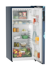 Product image, Perspective: oblique open decorated, Single-door refrigerator 191 l in 3 star with VegFresh box, Casing colour: blue, Door colour: Blue Divine